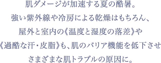 肌ダメージが加速する夏の酷暑。強い紫外線や冷房による乾燥はもちろん、屋外と室内の《温度と湿度の落差》や《過酷な汗・皮脂》も、肌のバリア機能を低下させさまざまな肌トラブルの原因に。