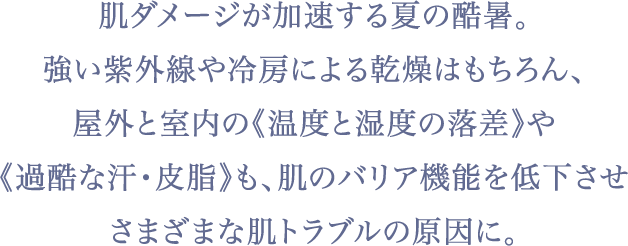 肌ダメージが加速する夏の酷暑。強い紫外線や冷房による乾燥はもちろん、屋外と室内の《温度と湿度の落差》や《過酷な汗・皮脂》も、肌のバリア機能を低下させさまざまな肌トラブルの原因に。